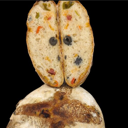 Sourdough bread chorizo black olive bell pepper